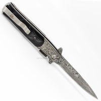 Falcon Damascus Silver and Black Marble (Pearlex) Spring Assisted Stiletto Knife 3.75"