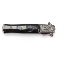 Falcon Damascus Silver and Black Marble (Pearlex) Spring Assisted Stiletto Knife 3.75"