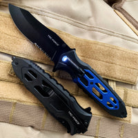 Tac-Force Black and Blue Spring Assisted Tactical Rescue Knife with Integrated LED Flashlight 4"