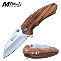 Mtech USA Compact Spring Assisted Pocket Knife Silver with Brown Zebra Wood Scales 2.75"