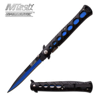 MTech USA Black and Blue Grooved Handle Spring Assisted Stiletto Knife 4"