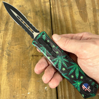 FPSTACTICAL Vigilante Black and Silver Double Serrated OTF Knife with Marijuana and Punisher Print 3.5"