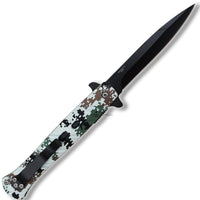 Pacific Solutions Matte Black Spring Assisted Stiletto Knife with ABS Forest / Snow Digital Camouflage Scales 4"