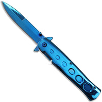 Pacific Solutions Mirror Blue / Chrome Cutout Handle Spring Assisted Stiletto Knife 3.75"