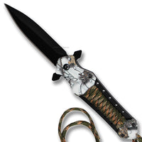 Pacific Solutions Snowblind Spring Assisted Survival Stiletto Knife Black w Jungle Digi Camo Paracord 3.75"