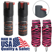 Quantity 2x Survivor Pepper Spray Self Defense / Protection Keychains w Pink Zebra Leather Cases USA Made