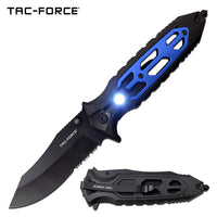 Tac-Force Black and Blue Spring Assisted Tactical Rescue Knife with Integrated LED Flashlight 4"