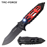 Tac-Force Black and Red Spring Assisted Tactical Rescue Knife with Integrated LED Flashlight 4"