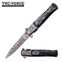 Tac-Force Damascus Silver and Black / Gray Marble (Pearlex) Spring Assisted Stiletto Knife 4"