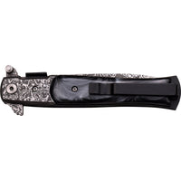 Tac-Force Damascus Silver and Black / Gray Marble (Pearlex) Spring Assisted Stiletto Knife 4"