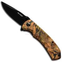 Tac-Force Spring Assisted Hunter Knife Black w Forest Camouflage and Grooved / Contour Grip 3.5"