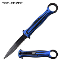 Tac-Force 10" Blue and Black Stiletto Spring Assisted Knife with Retention / Thumb Ring 4.25" Blade