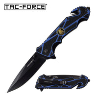 Tac-Force Police Logo Spring Assisted Textured Rescue Knife Blue & Black 3.5"