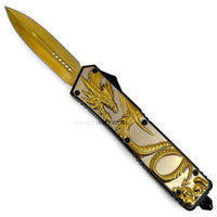 FPSTACTICAL Basilisk Dual Edge OTF Knife Black & Gold & Silver Dual Edge and Dragon Handle 3.5"