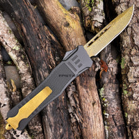 FPSTACTICAL Aureate OTF Knife Black & Gold w Damascus Blade and Rubberized Handle 3.5"