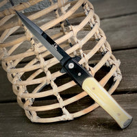 Falcon Black Spring Assisted Stiletto Knife with Faux Ivory Off-White Scales 3.75"