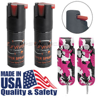 Quantity 2x Survivor Pepper Spray Self Defense / Protection Keychains w Pink Camouflage Leather Cases USA Made