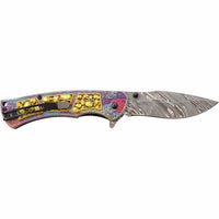 Dark Side Damascus Etched Grey / Gold Multi Color Skulls Spring Assisted Fantasy Pocket Knife 3.5"