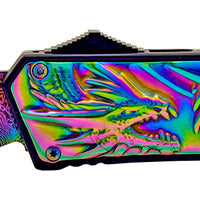 FPSTACTICAL Wyvern OTF Knife Black & Iridescent with Damascus Blade and Embossed Dragon Handle 3.5"