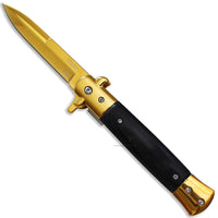 Falcon Mirror Finish Golden Spring Assist Stiletto Knife w Black Ash Wood Scales 3.75"
