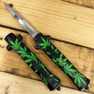 FPSTACTICAL Mary Jane Automatic OTF Switchblade Stiletto Knife Black w/ Green Marijuana Leaves / Mirror Polish 3.75