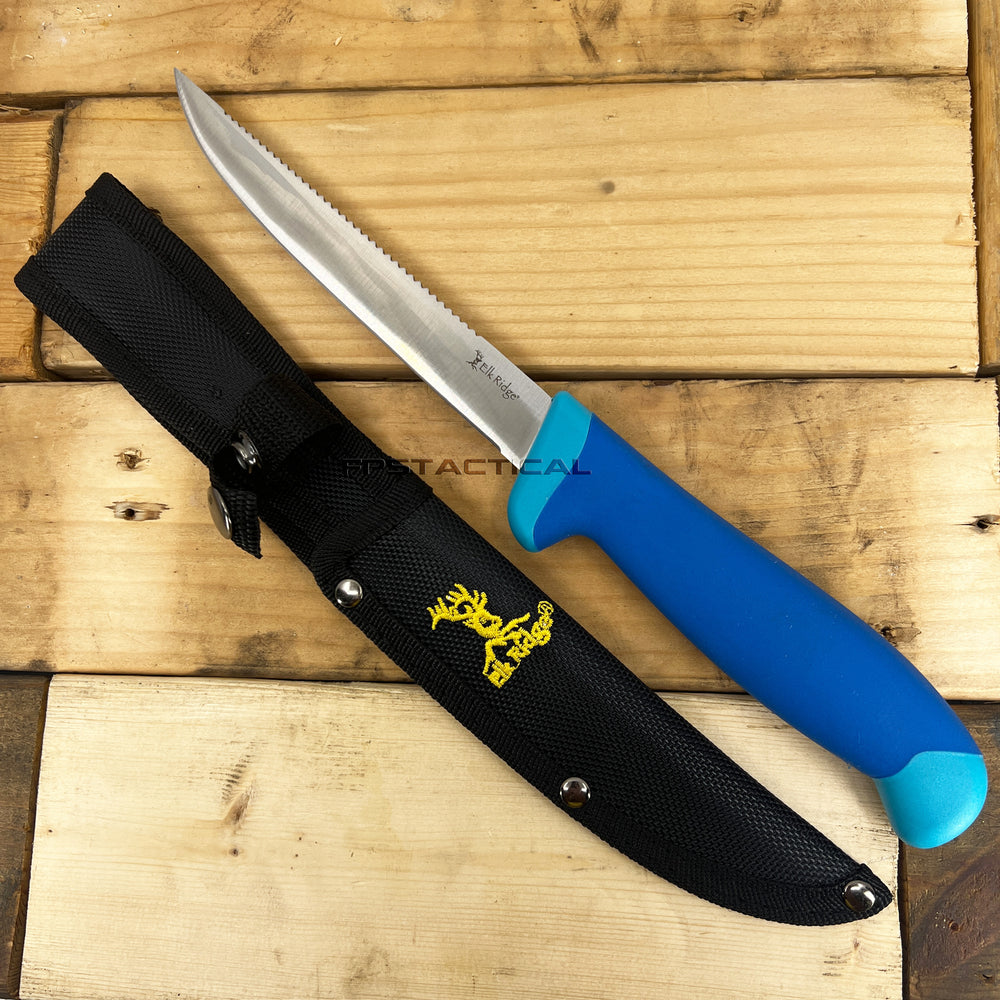 Elk Ridge Dual Edge Fixed Blade Fishing Fillet Knife w Sawback and Nylon Fiber / Rubber Handle 6
