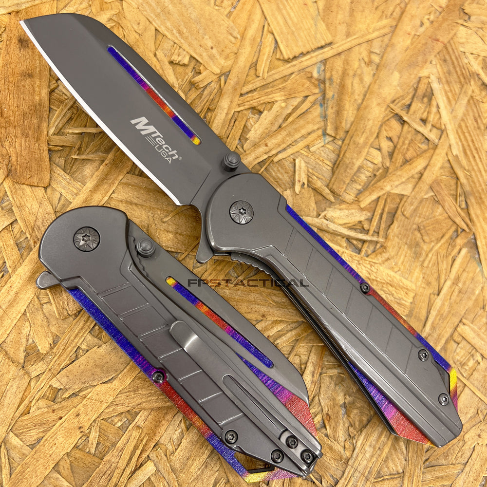 MTech USA Gray Tinite Coated Cleaver Spring Assisted Stainless Steel Pocket Knife w Rainbow Accents 3.5