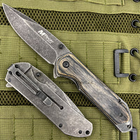 MTech USA Spring Assisted Pocket Knife Black with Brown / Black Wood Scales 3.75" MT-A908DB
