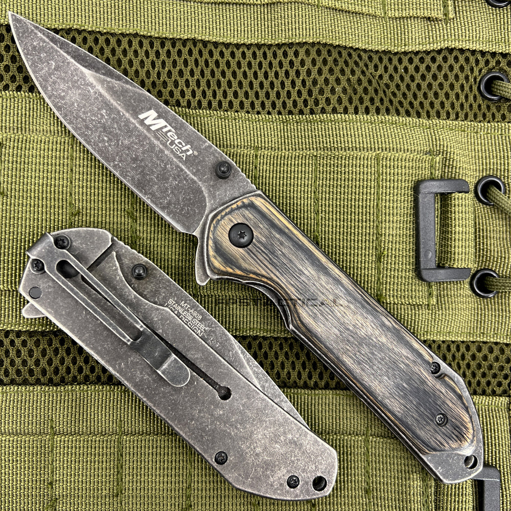 MTech USA Spring Assisted Pocket Knife Black with Brown / Black Wood Scales 3.75