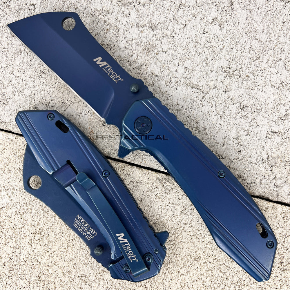 MTech USA Navy Blue Tinite Coated Cleaver Spring Assisted Stainless Steel Pocket Knife 3.5