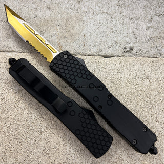 FPSTACTICAL Sieve OTF Knife Black Gold & Silver w Serrated Tanto Blade and Rubberized Handle 3.5