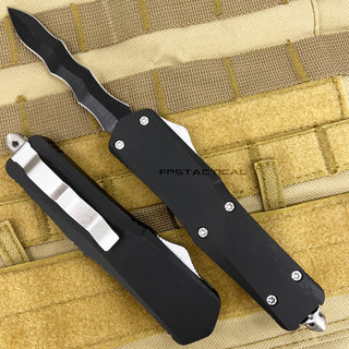 FPSTACTICAL Pneumatic Black and Silver Dual Edge Kris Blade OTF Knife with Rubberized Handle 3.5