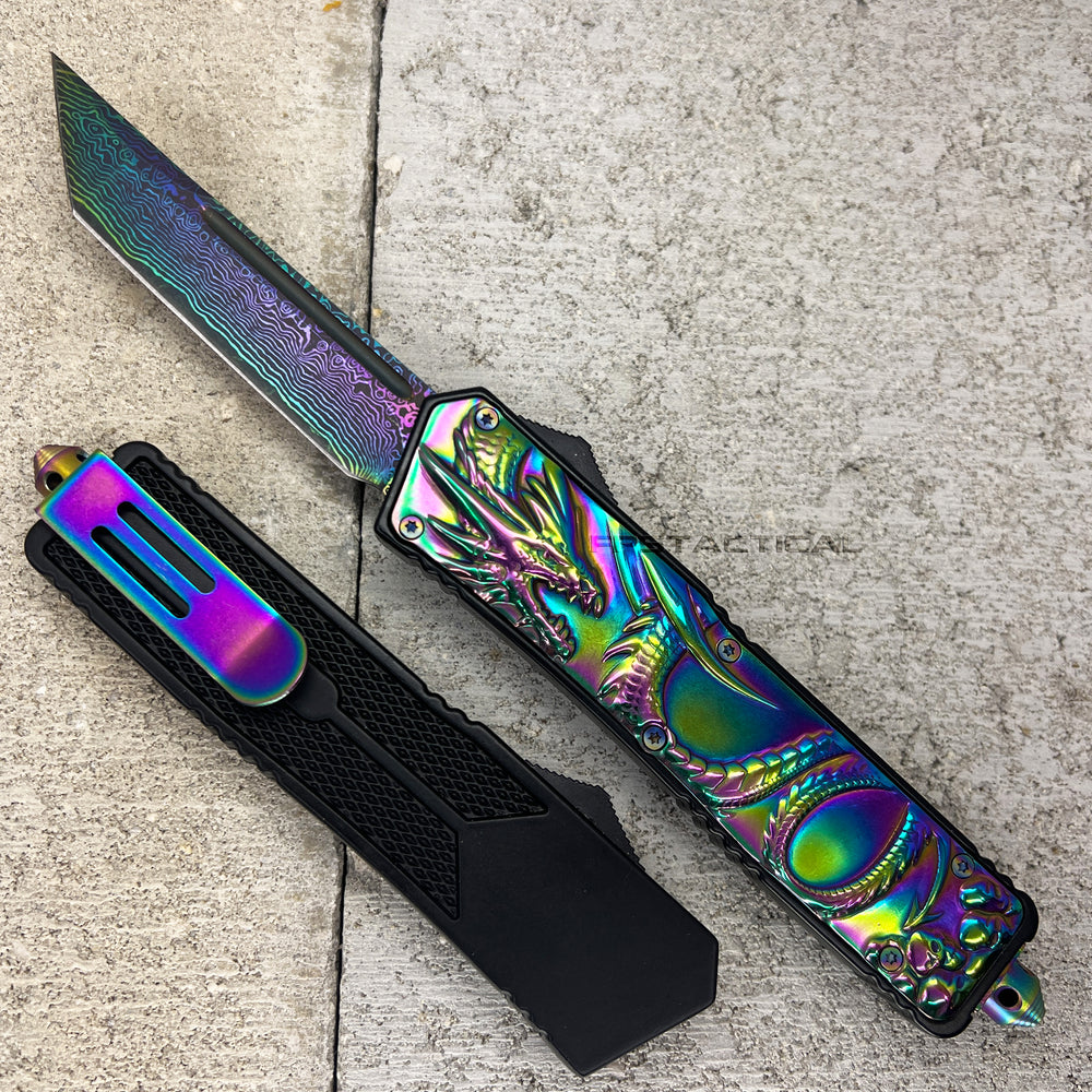 FPSTACTICAL Wyvern OTF Knife Black & Iridescent with Damascus Blade and Embossed Dragon Handle 3.5