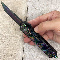 FPSTACTICAL Wyvern OTF Knife Black & Iridescent with Damascus Blade and Embossed Dragon Handle 3.5"