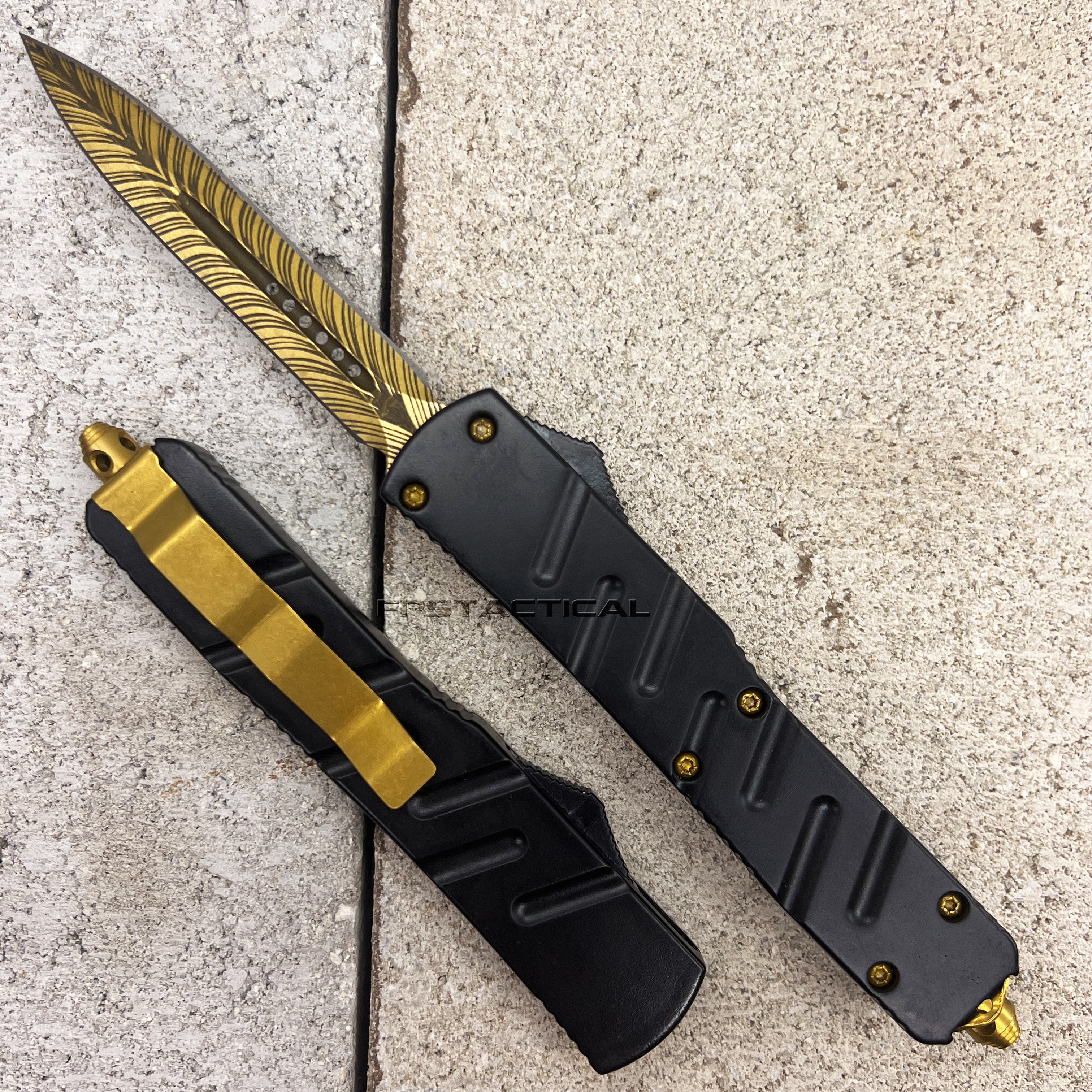 FPSTACTICAL Pinion Compact OTF Knife Black with Dual Edge Gold Blade a