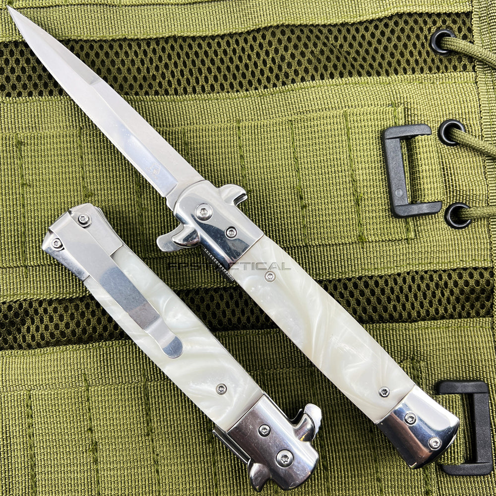 Falcon Mirror / Chrome with White Pearl Spring Assisted Stiletto Knife 3.75