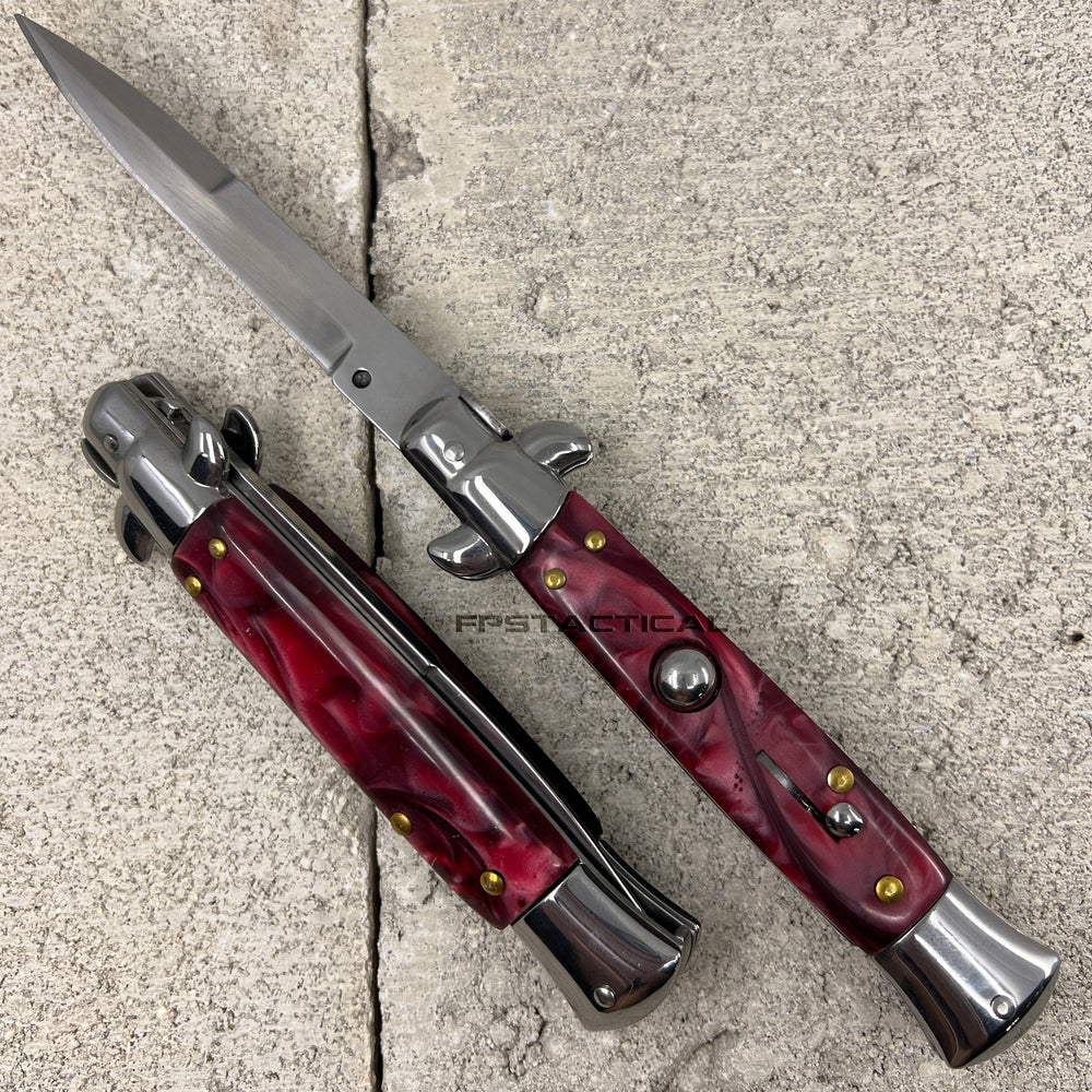 FPSTACTICAL Carmine Italian Style Stiletto Switchblade Chrome and Maroon Marble 4