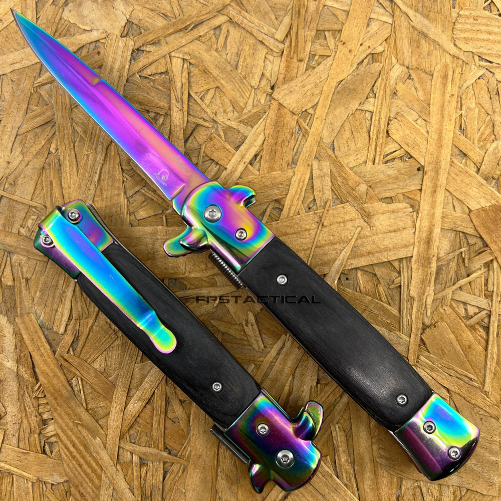 Falcon Iridescent Multi-Color Spring Assist Stiletto Knife w Black Ash Wood Scales 3.75