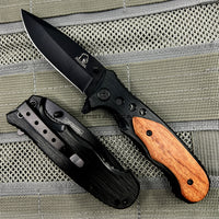 Falcon Classic Black Spring Assisted EDC / Hunting Knife with Wood Inlay 3.25"
