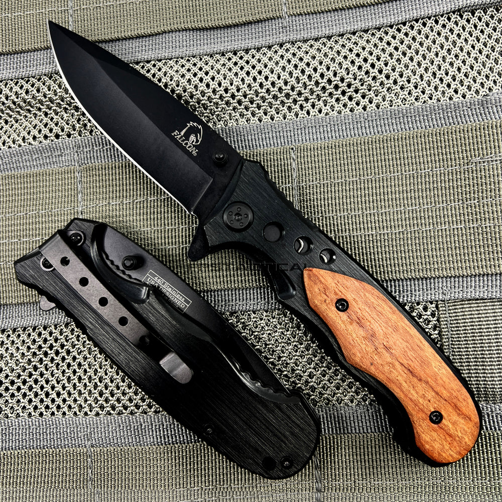 Falcon Classic Black Spring Assisted EDC / Hunting Knife with Wood Inlay 3.25
