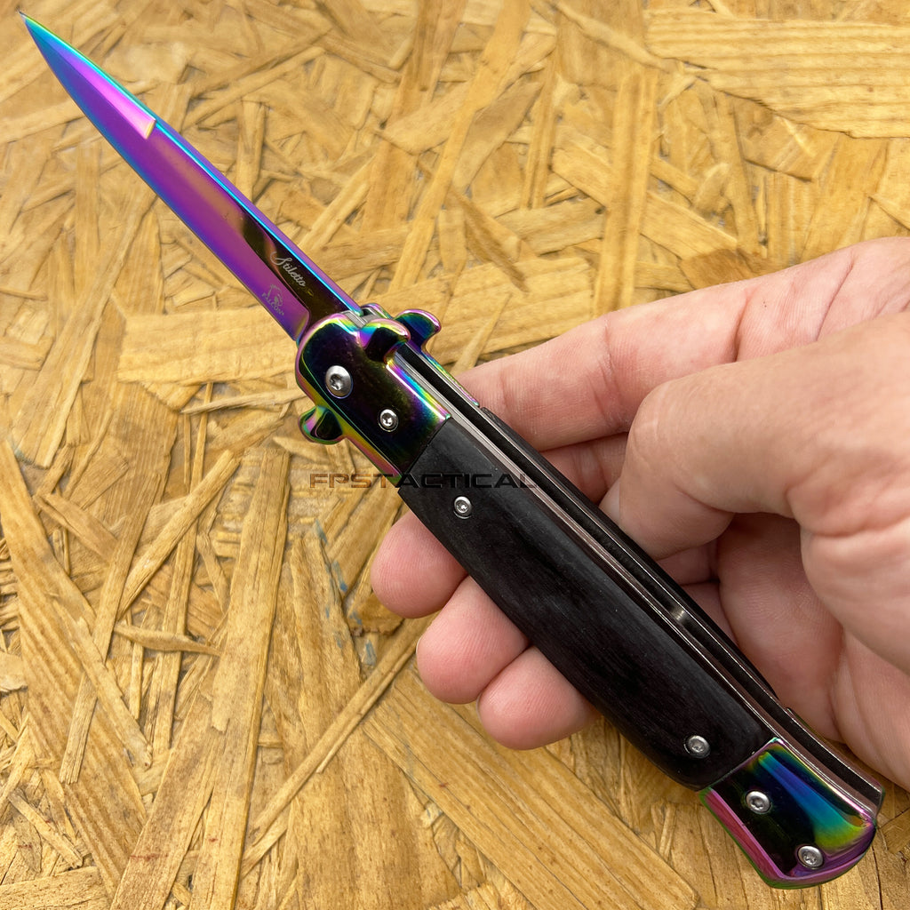 Falcon Iridescent Multi-Color Spring Assist Stiletto Knife w Black Ash