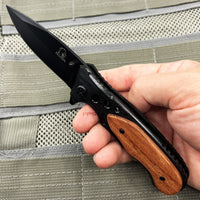 Falcon Classic Black Spring Assisted EDC / Hunting Knife with Wood Inlay 3.25"
