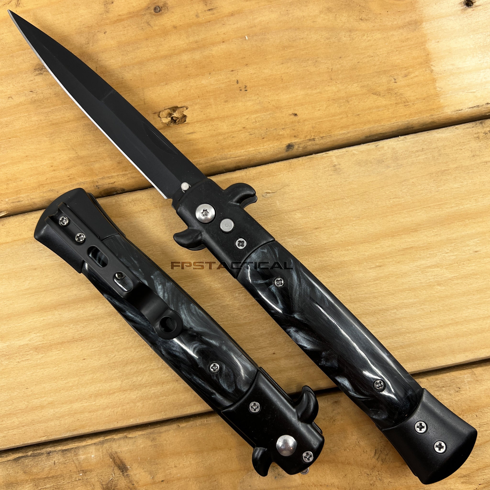 Switchblade Style Ruler FPSTACTICAL Reaper Italian Style Stiletto Switchblade Black with Black ...