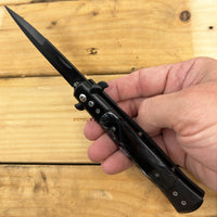 FPSTACTICAL Reaper Italian Style Stiletto Switchblade Black with Black and White Pearlex Inlays 4"
