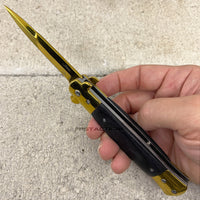 Falcon Mirror Finish Golden Spring Assist Stiletto Knife w Black Ash Wood Scales 3.75"
