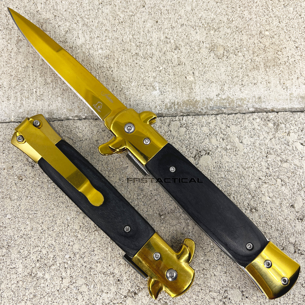 Falcon Mirror Finish Golden Spring Assist Stiletto Knife w Black Ash Wood Scales 3.75