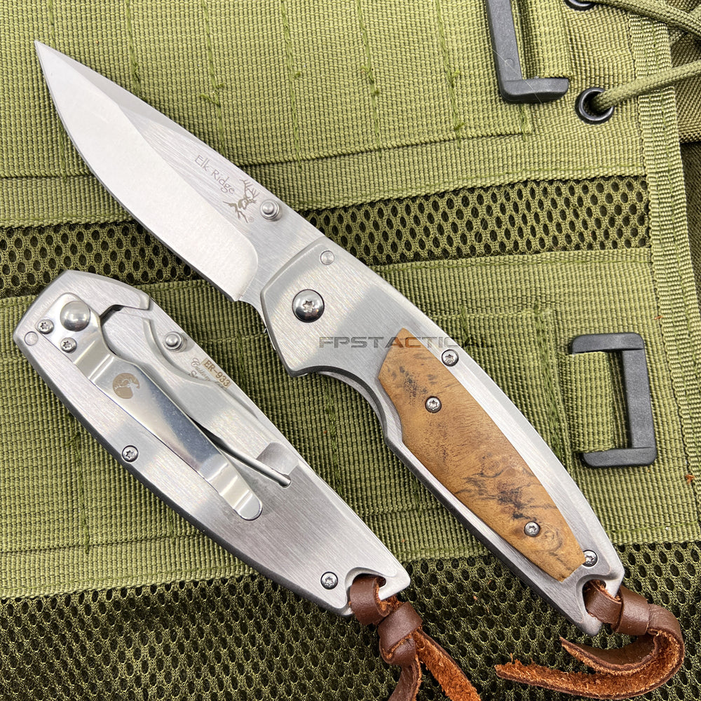 Elk Ridge Brushed Silver Manual Folding Pocket Knife w Wooden Overlay 3.5