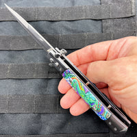 FPSTACTICAL Hydra Mirror Chrome Silver with Dragon Inlay Switchblade Stiletto Knife 4"