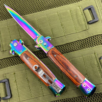 FPSTACTICAL Harlequin Italian Style Stiletto Switchblade Mirror / Iridescent Rainbow with Cherry PakkaWood Inlays 4"