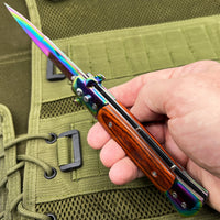 FPSTACTICAL Harlequin Italian Style Stiletto Switchblade Mirror / Iridescent Rainbow with Cherry PakkaWood Inlays 4"